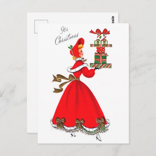 Junge Frau in rotem Kleid mit Weihnachtsgeschenken Postkarte (Vorne/Hinten)