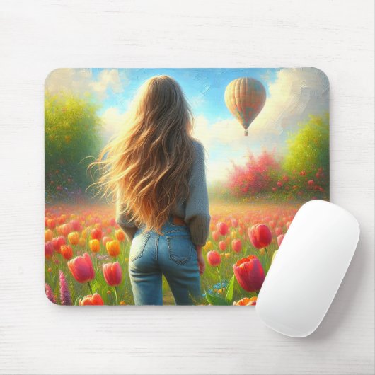 Junge Frau in Tulip Field Mousepad (Mit Mouse)
