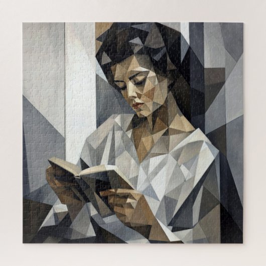 Junge Frau liest ein Buch Kubistische Kunstform Puzzle (Vertikal)
