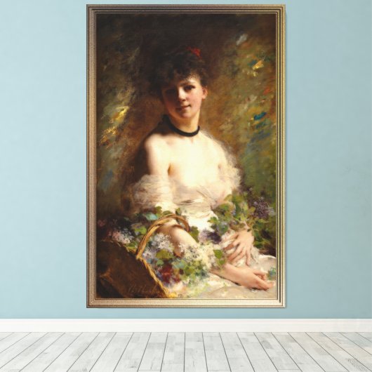 Junge Frau mit Blume Basket Leinwanddruck (Insitu (Holzboden))