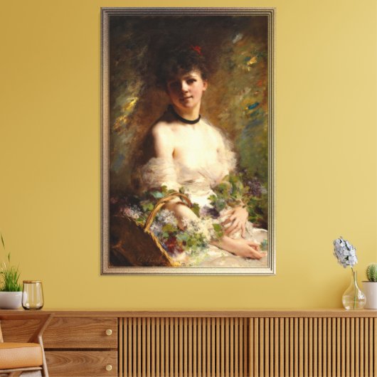 Junge Frau mit Blume Basket Leinwanddruck (Insitu (Wohnzimmer))