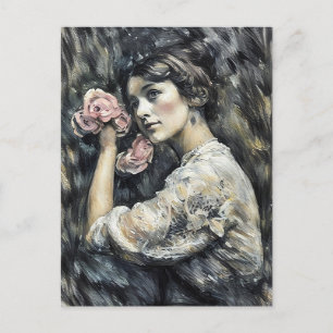 Junge Frau mit Blumen, Pastellkunstmalerei Postkarte