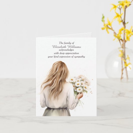 Junge Frau mit Daisies Beileid Danke Karte (Gelbe Blume)