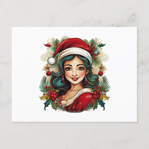Junge Frau mit einer Illustration aus santa-Clubs Postkarte