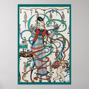 JUNGE FRAU MIT FARBENFROHEM BAND WIRBELT UND CUPID POSTER