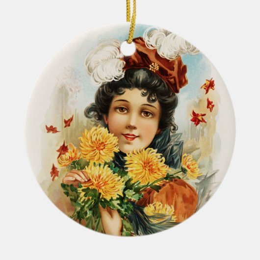 Junge Frau mit gelben Chrysanthemen Keramik Ornament (Vorne)