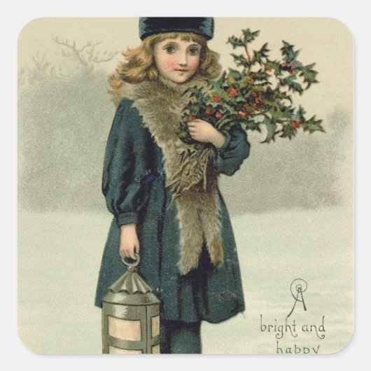 Junge Frau mit Holly und Lantern Quadratischer Aufkleber (Vorderseite)