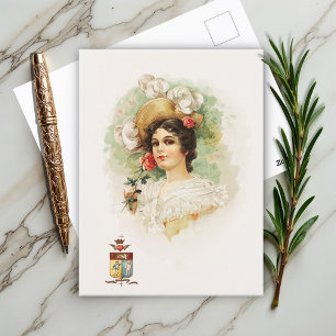 Junge Frau mit rosa Rosen Postkarte