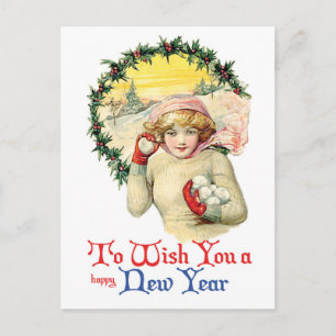 Junge Frau mit Schneebällen, Lustige Vintage Neuja Postkarte