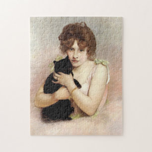 Junge Frau mit schwarzer Katze Ballerina Malerei Puzzle