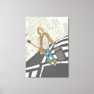 Junge Frau stehend auf Straße mit Gepäck Leinwanddruck