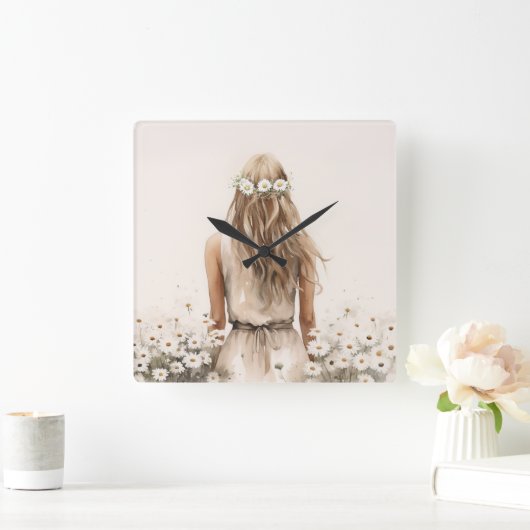 Junge Frau Wasserfarbe in Daisy Field Quadratische Wanduhr (Zuhause)
