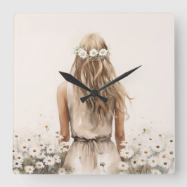 Junge Frau Wasserfarbe in Daisy Field Quadratische Wanduhr