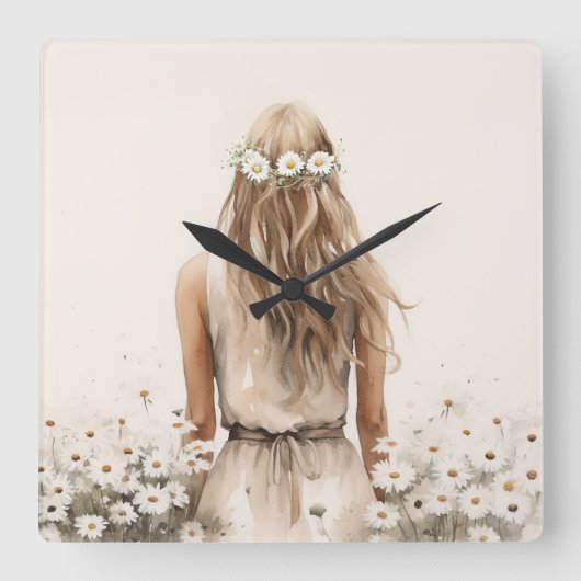 Junge Frau Wasserfarbe in Daisy Field Quadratische Wanduhr (Vorderseite)