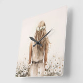 Junge Frau Wasserfarbe in Daisy Field Quadratische Wanduhr (Winkel)