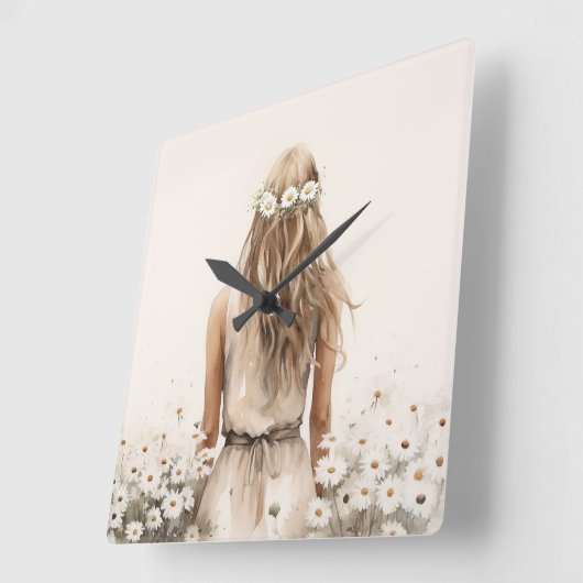 Junge Frau Wasserfarbe in Daisy Field Quadratische Wanduhr (Winkel)