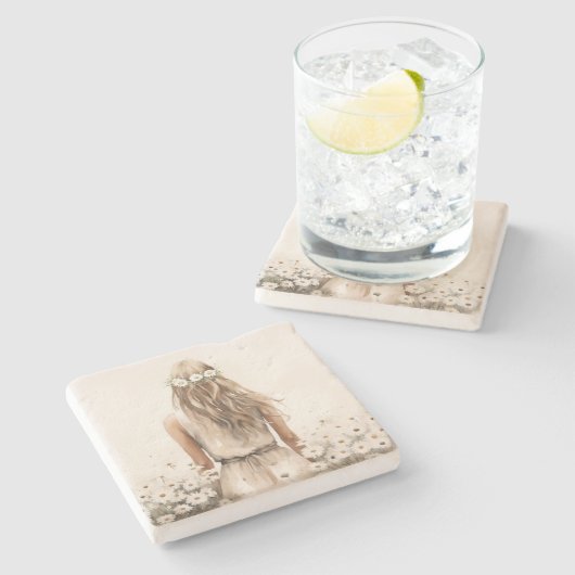 Junge Frau Wasserfarbe in Daisy Field Steinuntersetzer (Seitenansicht)