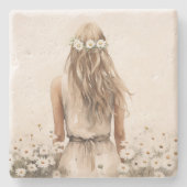 Junge Frau Wasserfarbe in Daisy Field Steinuntersetzer (Vorderseite)
