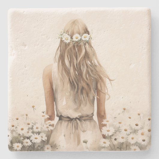 Junge Frau Wasserfarbe in Daisy Field Steinuntersetzer (Vorderseite)