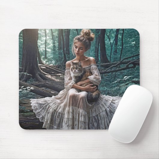 Junge Frauen in Wäldern mit Katze Mousepad (Mit Mouse)