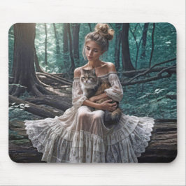 Junge Frauen in Wäldern mit Katze Mousepad