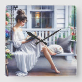 Junge Frauen lesen ein Buch mit Katze Quadratische Wanduhr (Vorderseite)