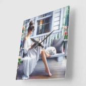 Junge Frauen lesen ein Buch mit Katze Quadratische Wanduhr (Winkel)