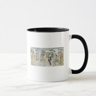Junge Frauen mit einem Korb der Chrysanthemen Tasse