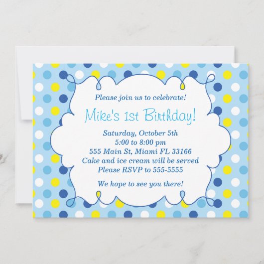 Junge Geburtstag Einladung Blue Yellow Polka Dots (Vorderseite)