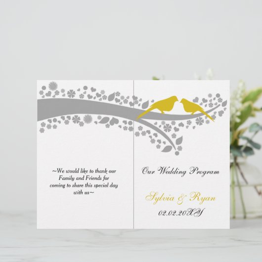 Junge gelbe Liebchen gefaltet Hochzeitsprogramm (Stehend Vorderseite)