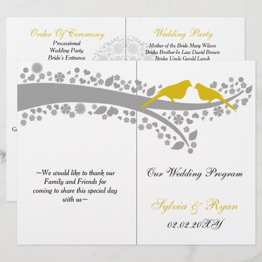 Junge gelbe Liebchen gefaltet Hochzeitsprogramm (Vorne/Hinten)