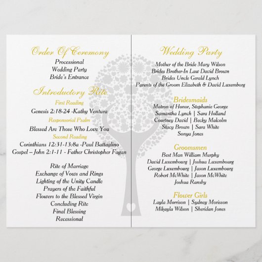 Junge gelbe Liebchen gefaltet Hochzeitsprogramm (Rückseite)