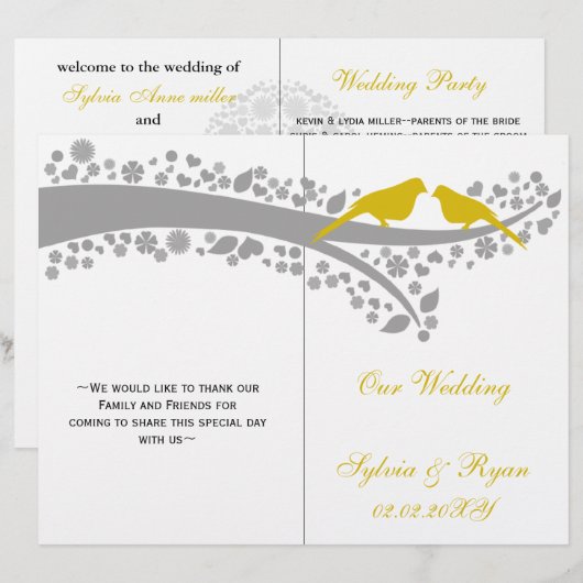 Junge gelbe Liebchen gefaltet Hochzeitsprogramm (Vorne/Hinten)