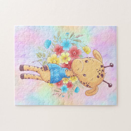 Junge Giraffe in einem blauen Pullover mit Blume Puzzle (Horizontal)