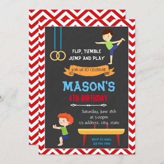 Junge Gymnastik Geburtstagseinladung Einladung (Vorne/Hinten)