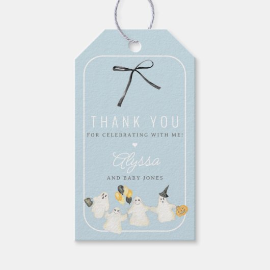 Junge Halloween Ghost und Black Bow Baby Dusche Geschenkanhänger (Vorderseite)