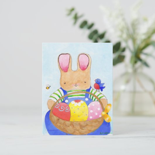 Junge-Hase mit Korbpost Postkarte (Stehend Vorderseite)