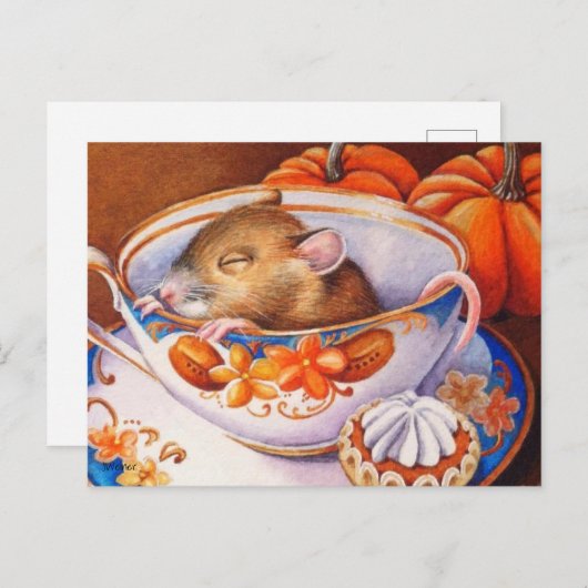 Junge Herbstmäuse schläft im Teacup Wasserfarbe Ku Postkarte (Vorne/Hinten)