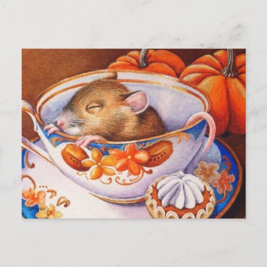 Junge Herbstmäuse schläft im Teacup Wasserfarbe Ku Postkarte (Vorderseite)