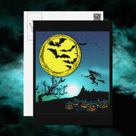 Junge Hexe fliegt unter dem nächtlichen Himmel Postkarte