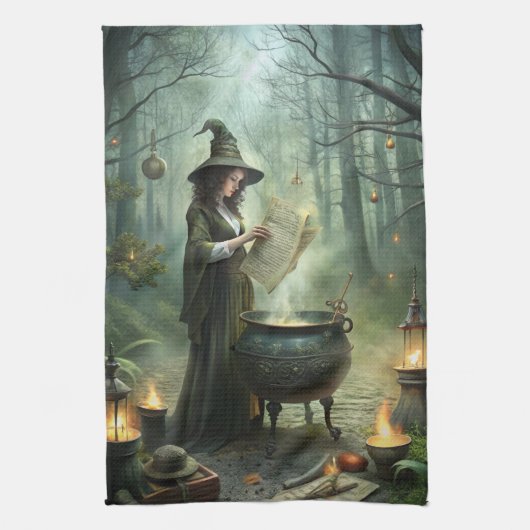 Junge Hexe im Mystischen Wald Ritual Geschirrtuch (Vertikal)