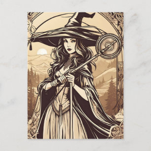 Junge Hexe in Sepia, Vintage Halloween Postkarte