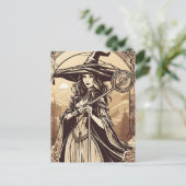 Junge Hexe in Sepia, Vintages Halloween Postkarte (Stehend Vorderseite)