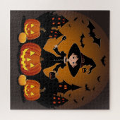 Junge Hexe mit Pumpkins und Spuk Häusern Puzzle (Horizontal)
