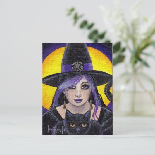 Junge Hexe und Katze Postkarte (Stehend Vorderseite)