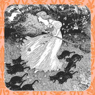 Junge Hexe und schwarze Katzen Quadratischer Aufkleber