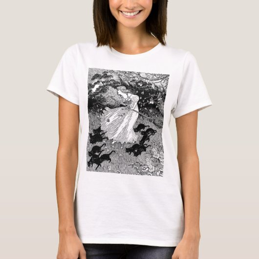 Junge Hexe und schwarze Katzen T-Shirt (Vorderseite)