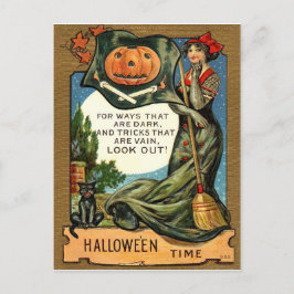 Junge Hexenin mit Besen und Kürbis, Vintag Postkarte