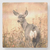 Junge Hirsche in Wildblumen mit grungy Texture Art Steinuntersetzer (Vorderseite)