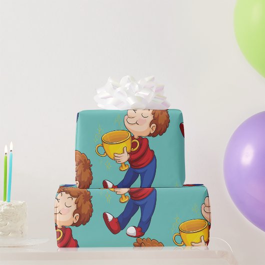 Junge Holding Golden Trophy Award Gewinner Geschenkpapier